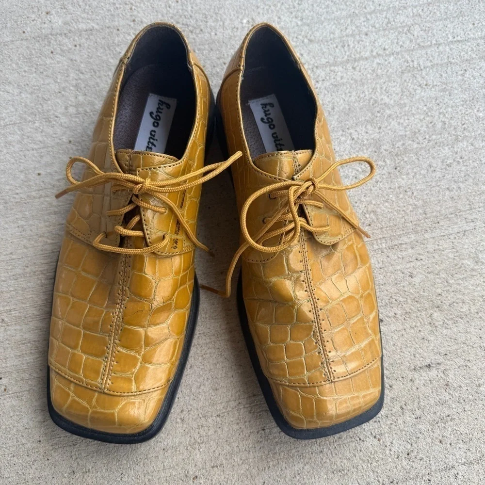 Hugo Vitelli Vintage Yellow Gold Oxford Style shoes Faux Croc 5